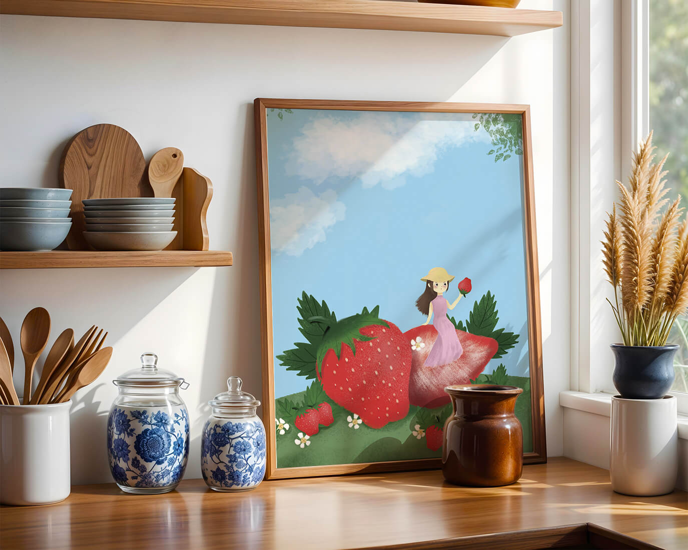 Charming illustration of a girl in a strawberry field