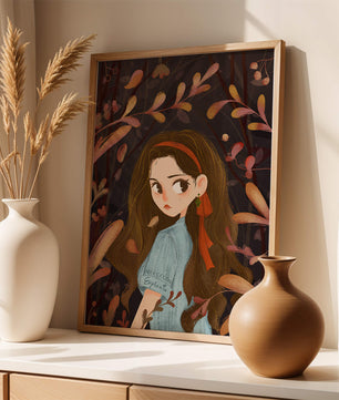 Ilustración elegante de una chica rodeada de follaje abstracto