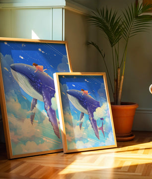 Illustration onirique d'une fille chevauchant une baleine à travers le ciel