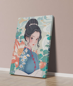 Una mujer elegante con vestido tradicional oriental con patrones florales y flores de loto