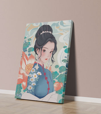 An Elegant Woman in Traditional Oriental Dress with Floral Patterns and Lotus Flowers