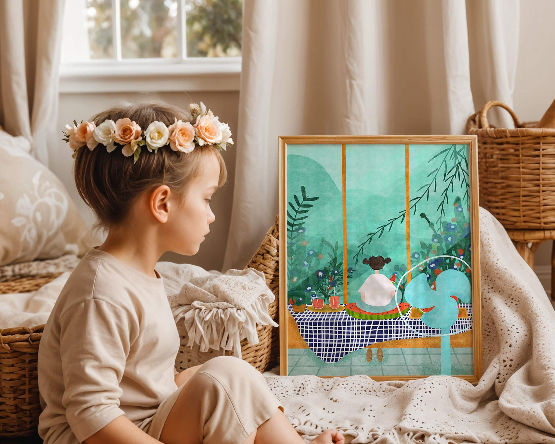 Young Girl Sitting on Checkered Table with Watermelon by Window Overlooking Nature