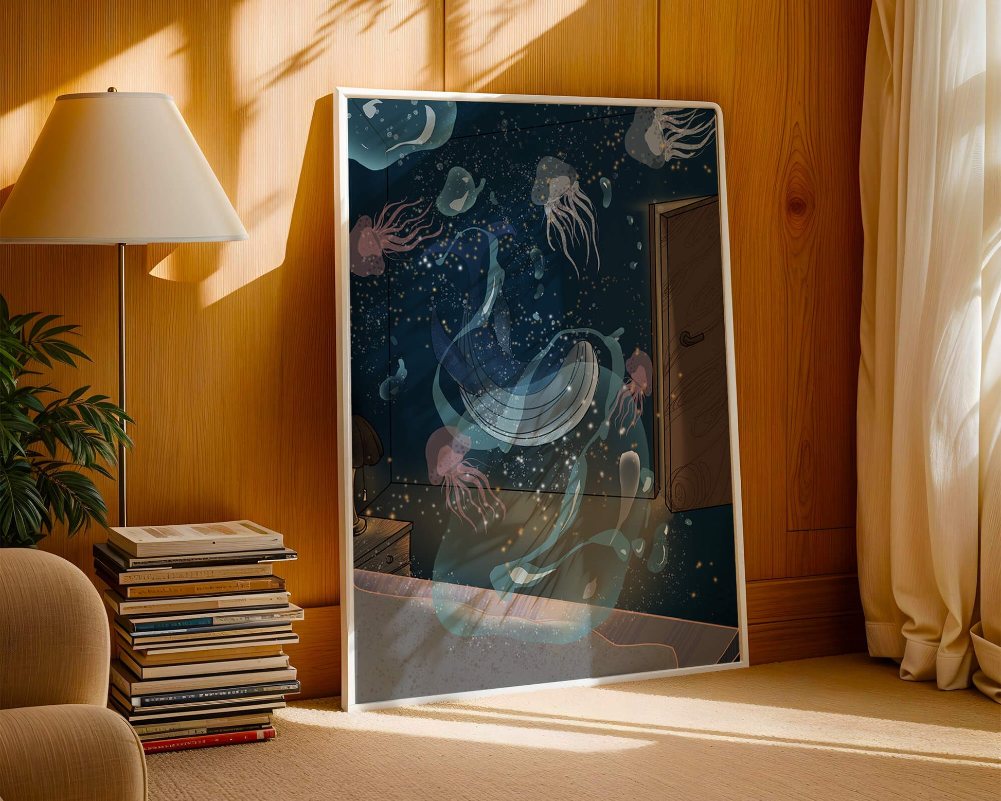 Underwater-themed room with jellyfish and a door