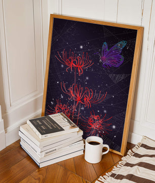 Vivid Night Sky with Red Spider Lilies and Purple Butterfly - Mi tienda