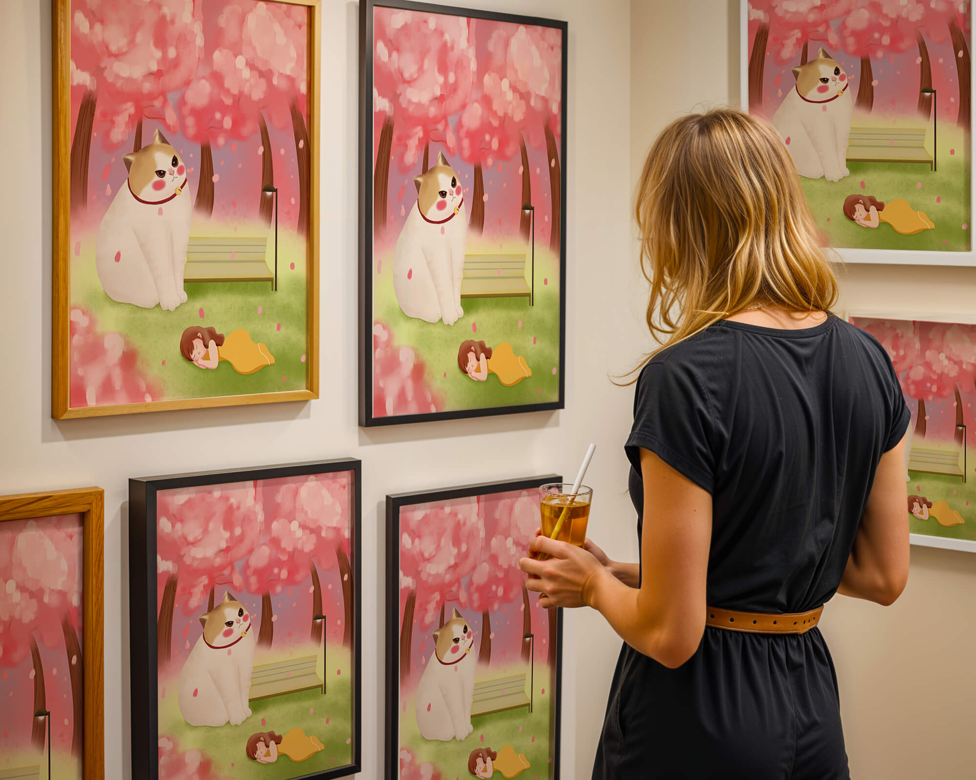 Whimsical scene with giant cat and girl under cherry blossoms