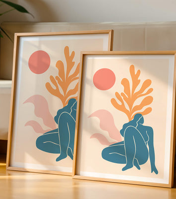 Abstract Nude Figure in Minimalist Design with Botanical Elements