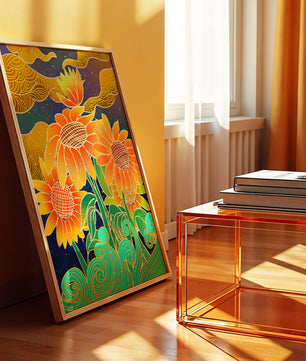 Vibrant sunflowers with intricate background patterns