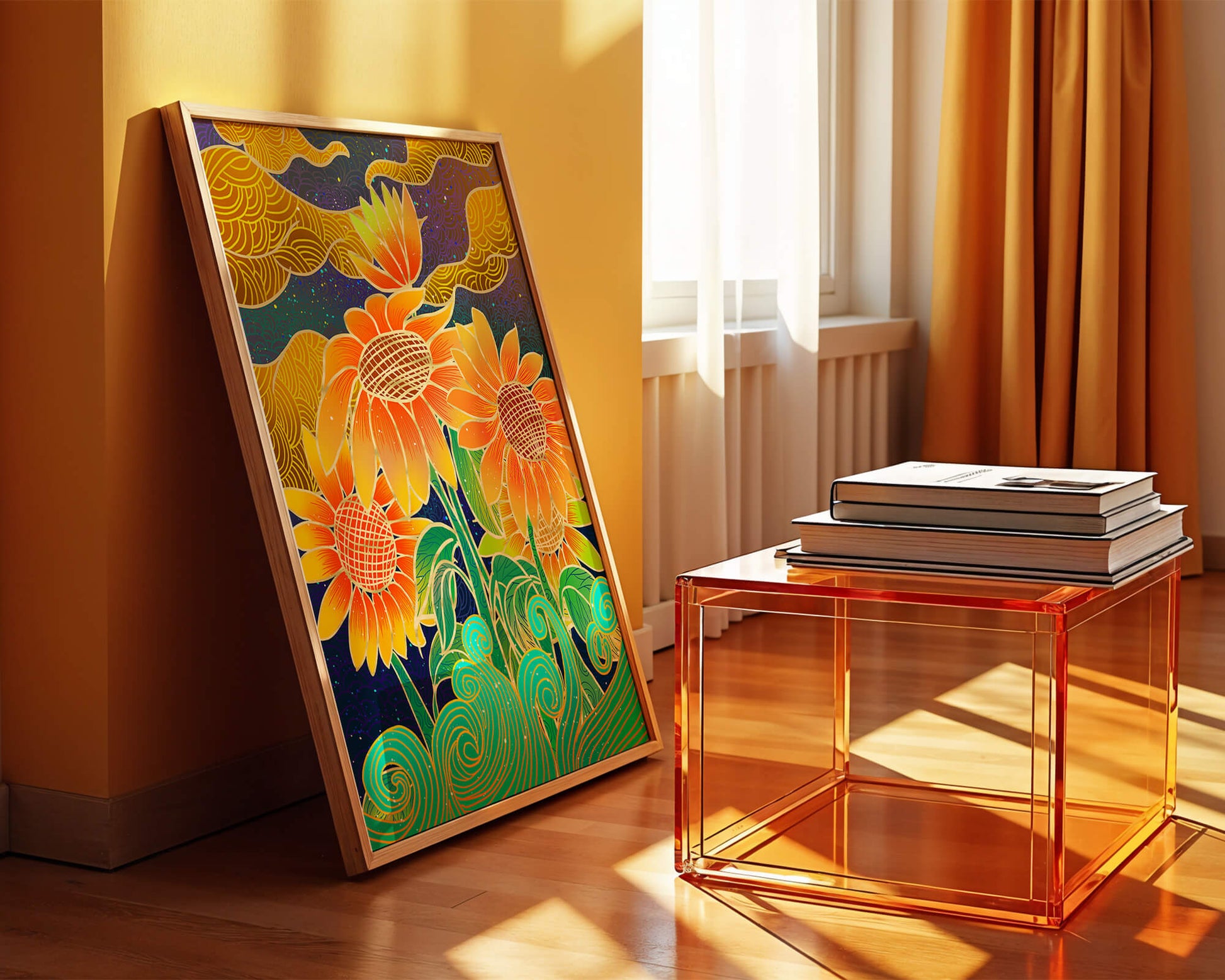 Vibrant sunflowers with intricate background patterns