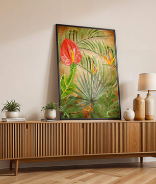 Colorful botanical illustration with tropical leaves on textured background