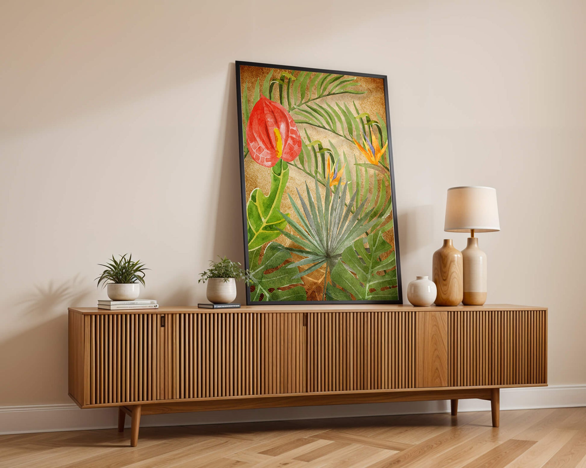 Colorful botanical illustration with tropical leaves on textured background