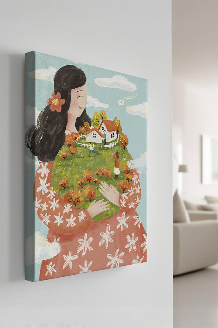 Whimsical Woman Holding Miniature Landscape with Family and Houses