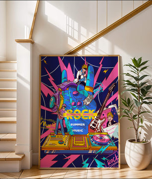Ilustración temática vibrante de música rock con instrumentos y artistas