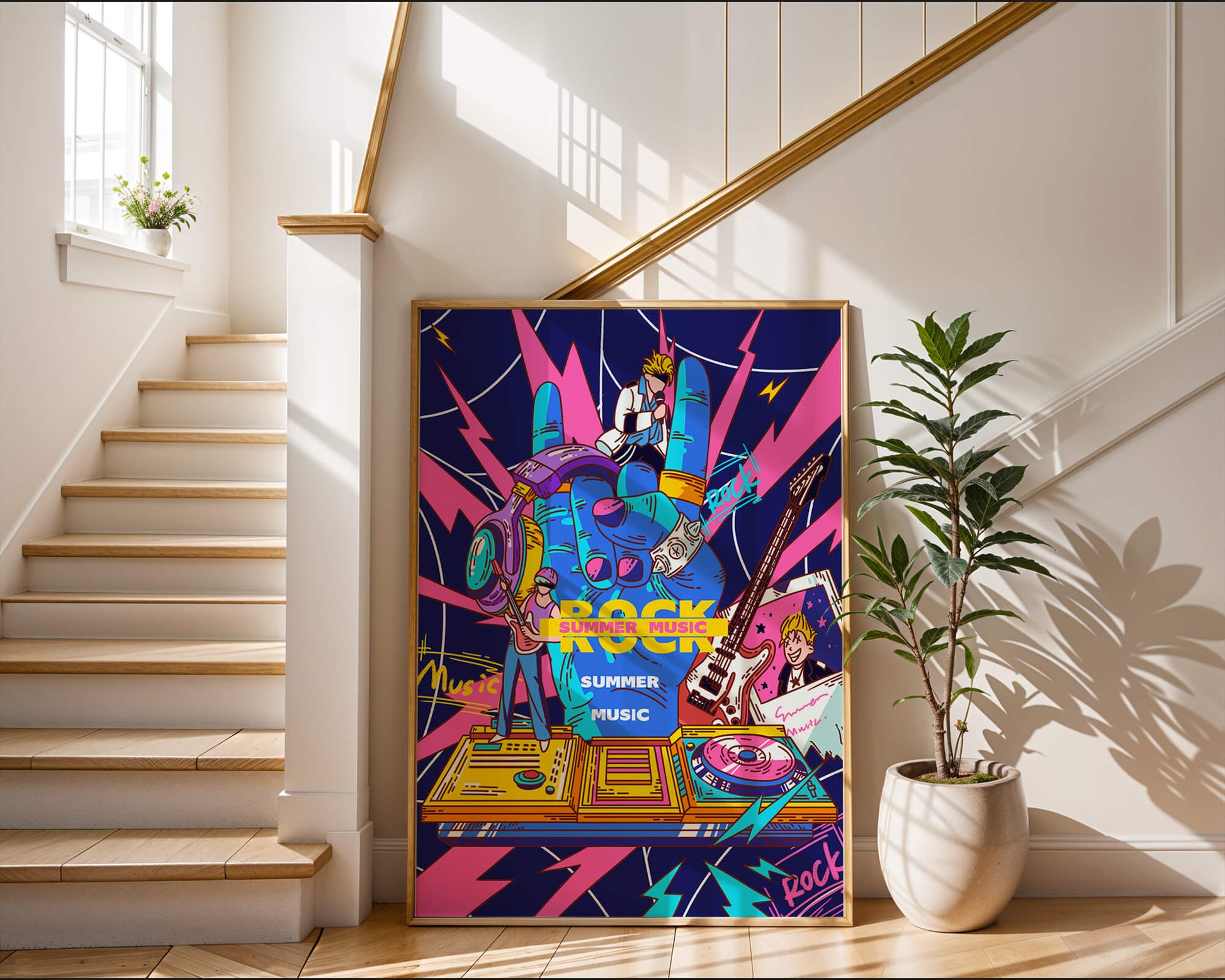 Ilustración temática vibrante de música rock con instrumentos y artistas
