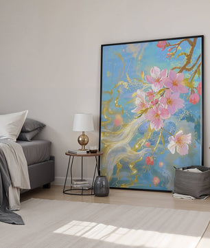 Beautiful Cherry Blossom Branch with Golden Highlights on a Soft Blue Background - Mi tienda