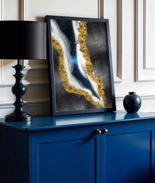 Abstract flowing design with gold, blue, and white textures