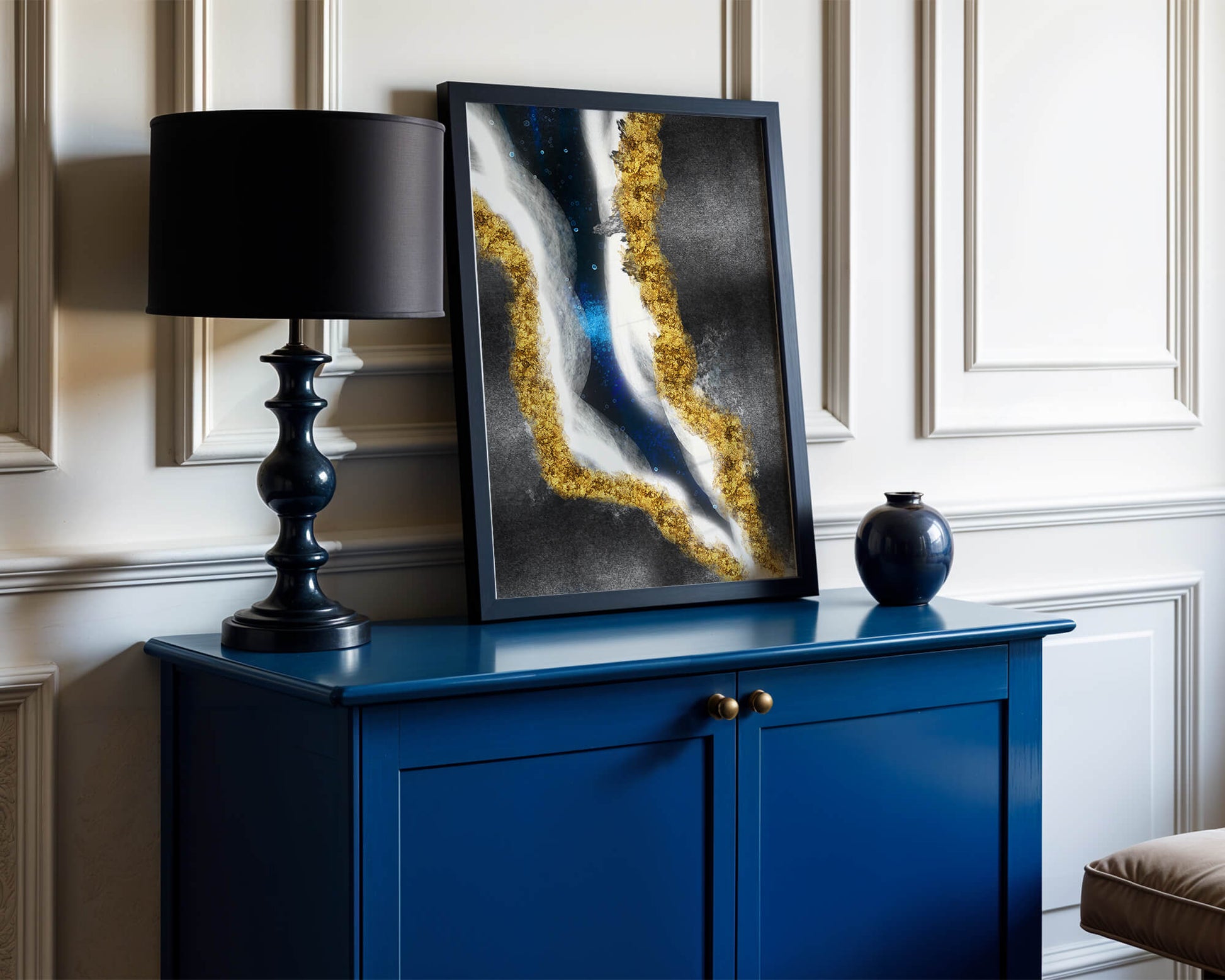 Abstract flowing design with gold, blue, and white textures