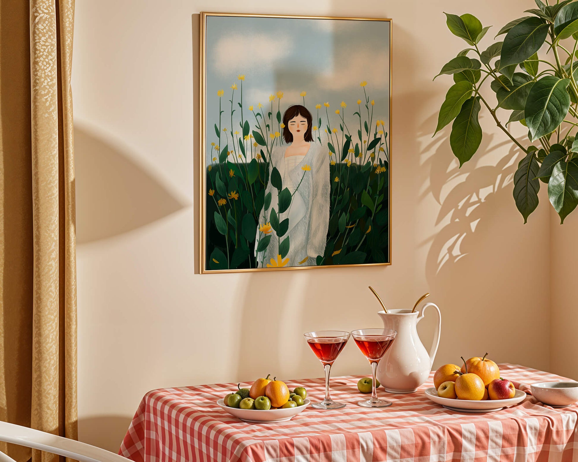 Mujer con abrigo blanco entre flores amarillas