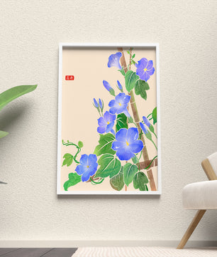 Obra floral delicada con glorias matutinas azules vibrantes