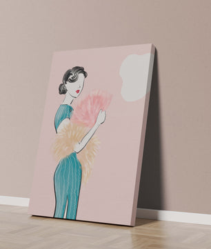 Elegant woman in vintage dress with pink background