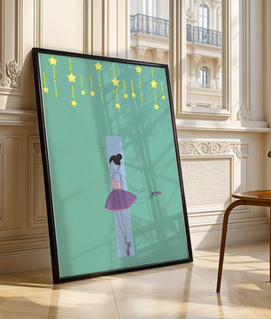 Elegant ballerina illustration with stars on a teal background