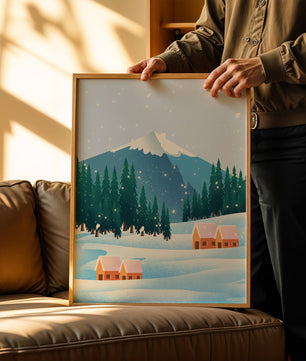 Winter Mountain Landscape with Snowy Cabins and Forest - Mi tienda
