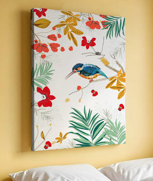 Oiseaux et feuillages colorés dans un décor botanique tropical