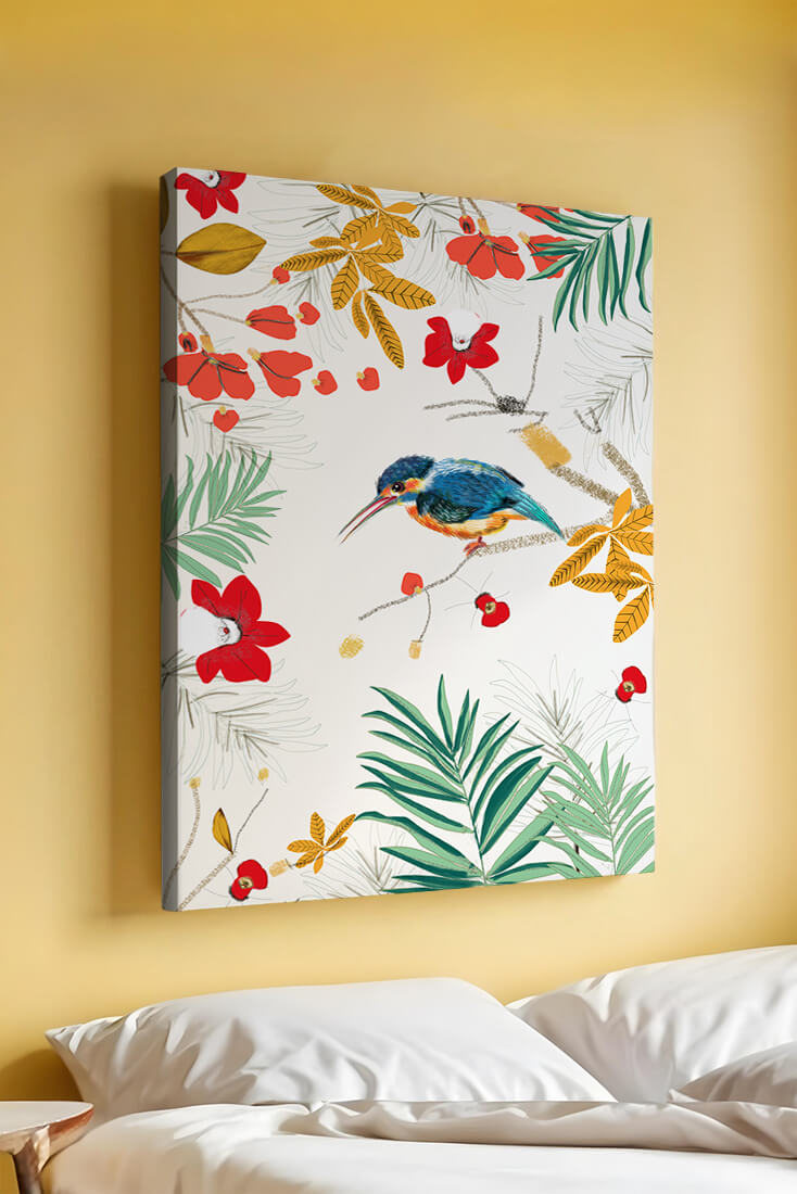 Oiseaux et feuillages colorés dans un décor botanique tropical