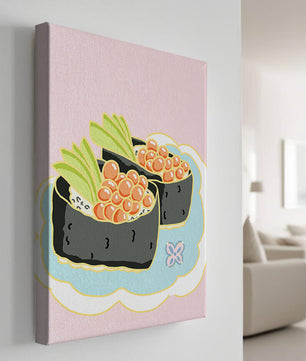 Illustration of sushi rolls with fish roe and avocado on a pastel background