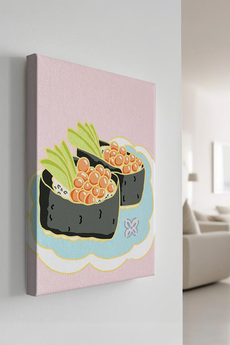 Illustration of sushi rolls with fish roe and avocado on a pastel background