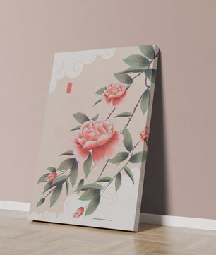 Oriental floral illustration with pink peonies and calligraphy