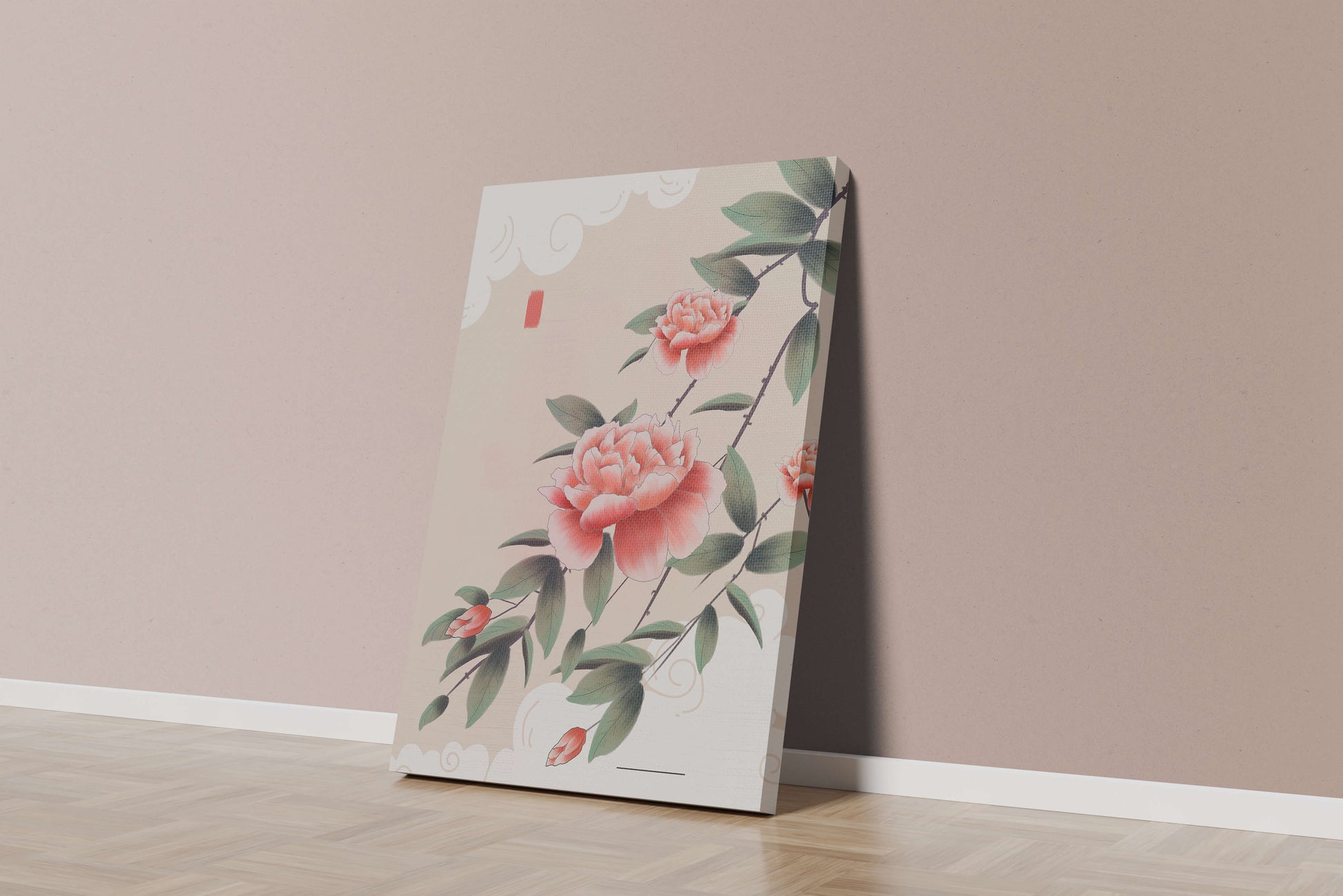 Oriental floral illustration with pink peonies and calligraphy