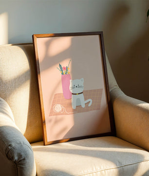 Illustration of a cute white cat with a pink vase and yarn ball on a pastel background