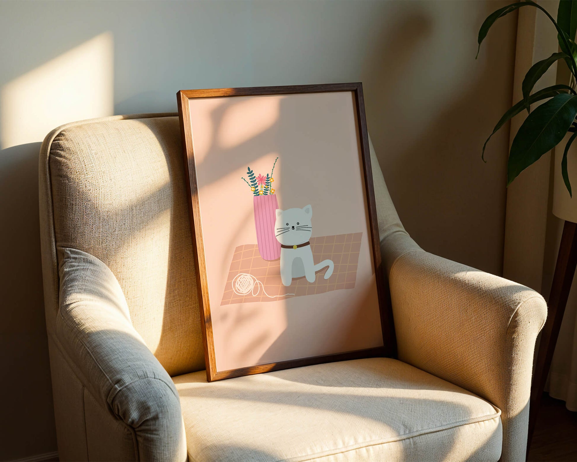 Illustration of a cute white cat with a pink vase and yarn ball on a pastel background