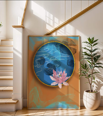 Abstract water lily art with gold accents on blue and orange background