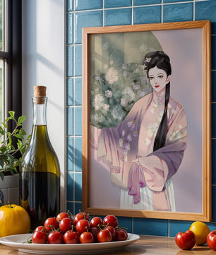 Elegant Asian Woman in Traditional Attire with Floral Background - Mi tienda