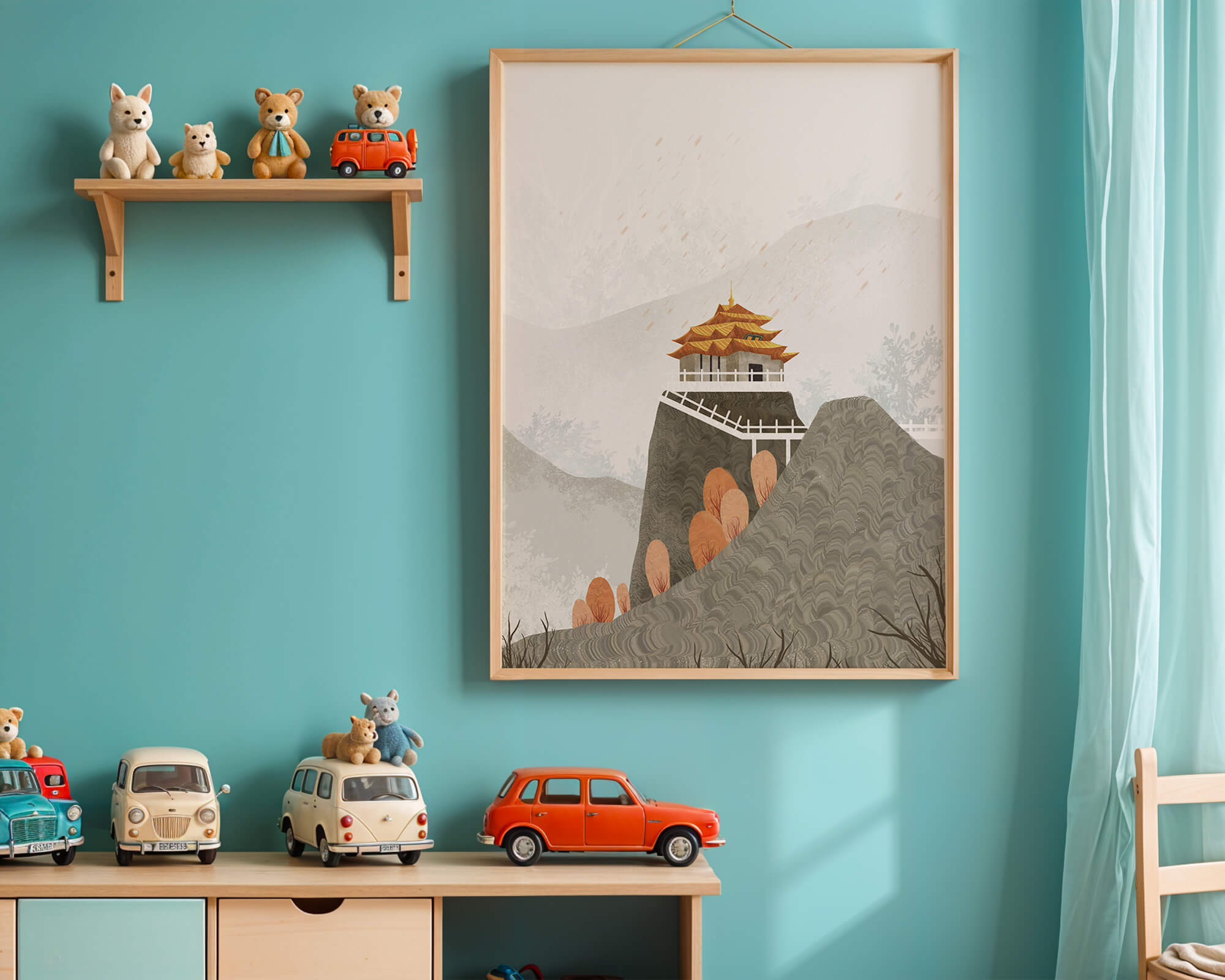 Serene mountain landscape with traditional Asian architecture