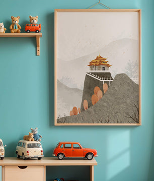 Serene mountain landscape with traditional Asian architecture