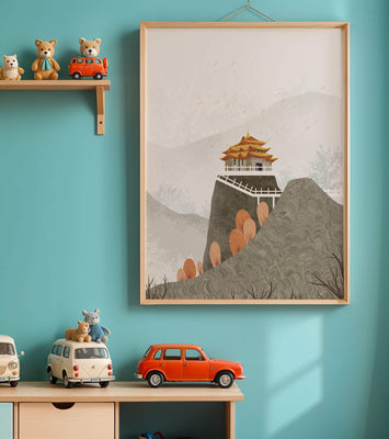 Serene mountain landscape with traditional Asian architecture