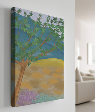 Paisaje pintoresco con árbol vibrante y fondo colorido