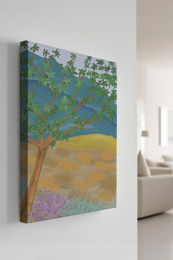 Paisaje pintoresco con árbol vibrante y fondo colorido