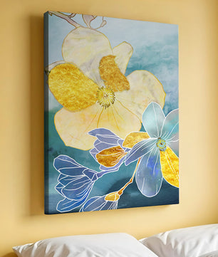 Abstract Floral Art with Golden Accents on Blue Background