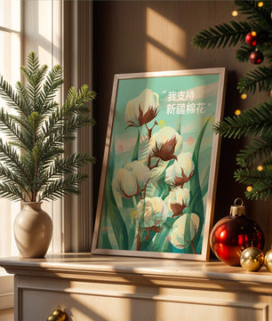Ilustración de plantas de algodón con texto de apoyo en chino