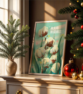 Illustration of cotton plants with supportive text in Chinese
