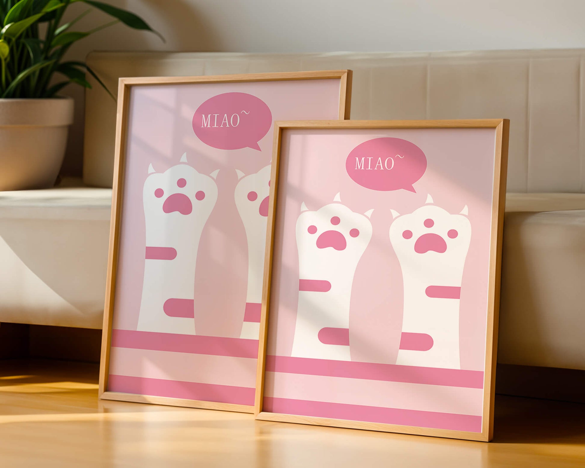 Playful cat paws illustration with speech bubble saying "Miao"