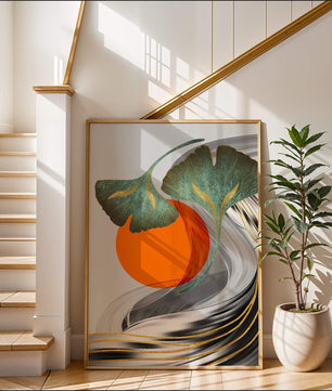 Hojas de Ginkgo abstractas con círculo naranja y ondas plateadas
