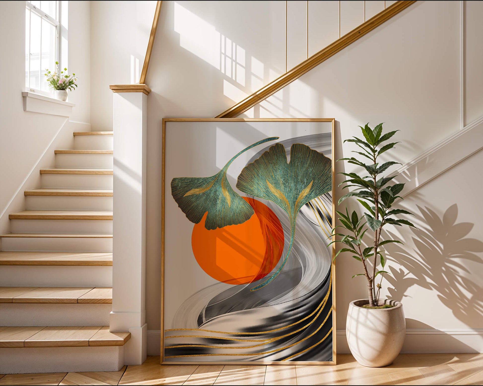 Hojas de Ginkgo abstractas con círculo naranja y ondas plateadas