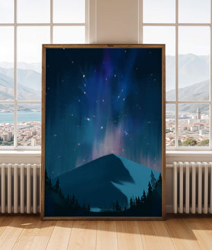 Paisaje montañoso sereno con auroras boreales y bosque oscuro