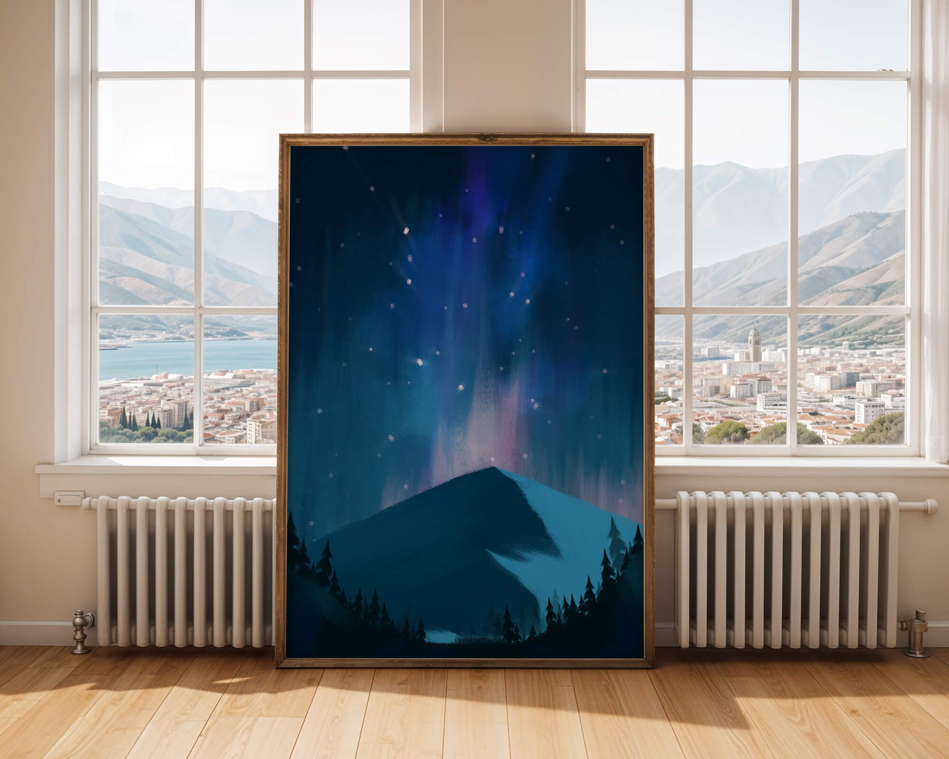 Paisaje montañoso sereno con auroras boreales y bosque oscuro