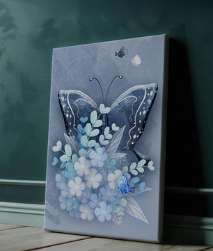 Elegant butterfly with blue floral arrangement artwork