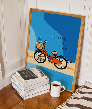 Bicicleta colorida con un regalo en la cesta sobre fondo azul